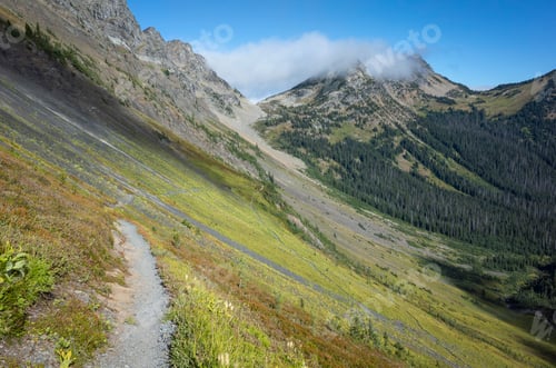 Preview: View of the Pacific Crest Trail through vast alpine valley and meadow, autumn