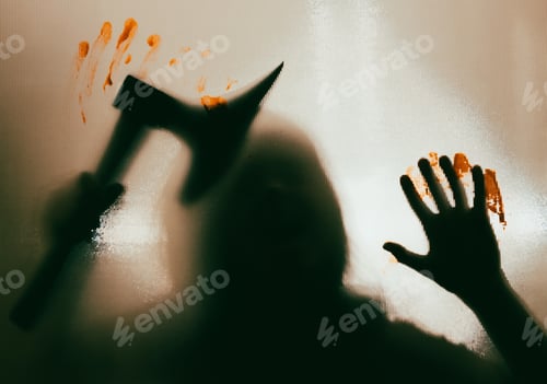 Preview: Woman killer with a, axe in her hand and blood. Creepy background