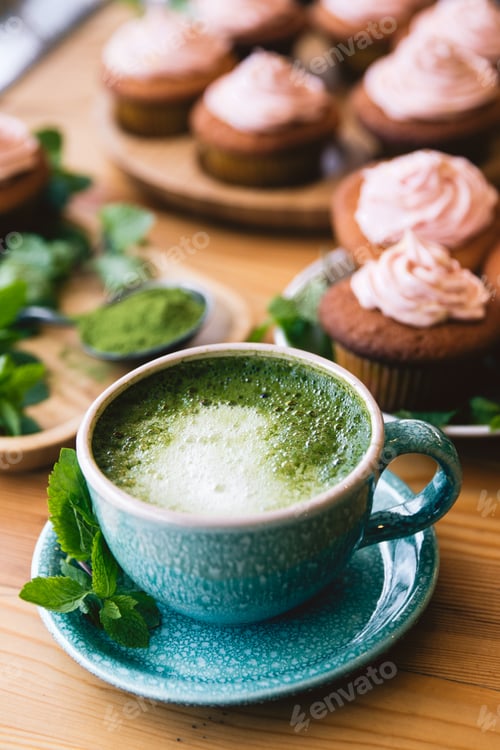 Preview: matcha tea with cakes