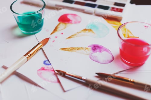 Preview: Watercolor Ice Cream Cones and Paint Brushes