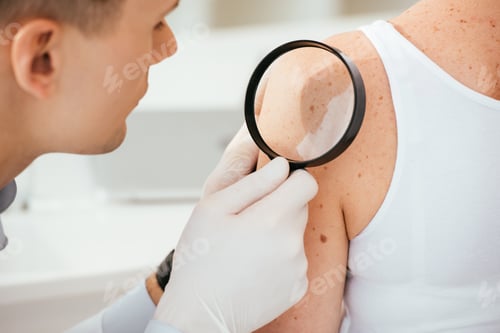 Preview: dermatologist in latex gloves holding magnifying glass while examining patient with skin disease