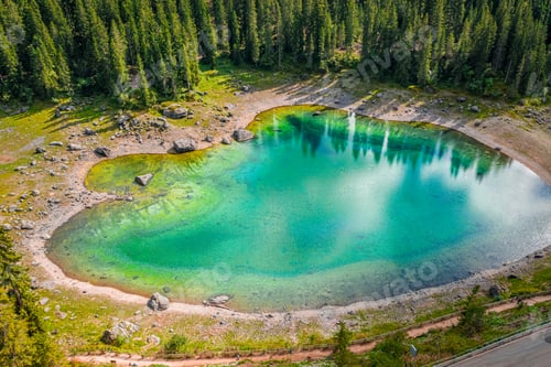 Preview: Aerial view of Carezza lake in summer, Dolomites