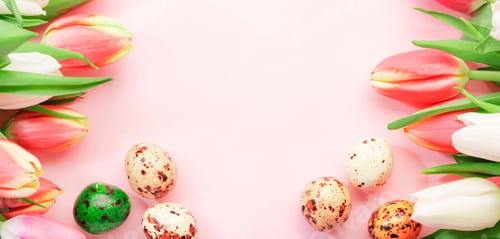 Preview: Spring Easter composition with pink tulips flowers and eggs on pastel background.