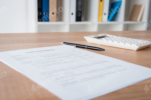 Preview: loan agreement, pen and calculator on wooden table in office