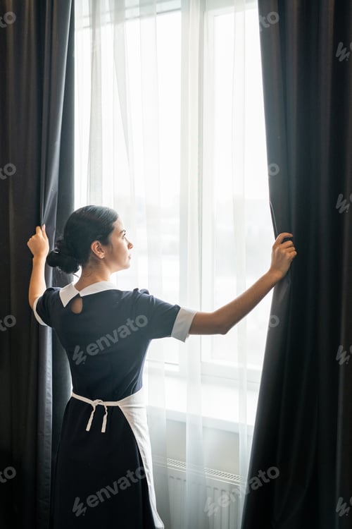 Preview: Young chambermaid standing by window