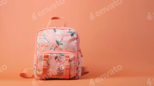 Preview: AI illustration of a stylish floral backpack against an orange background
