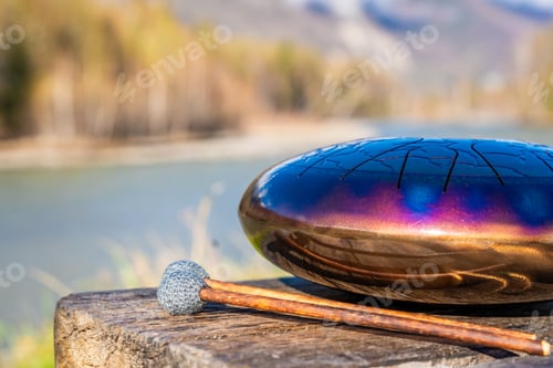 Preview: Steel tongue drum resting on a stone by the river