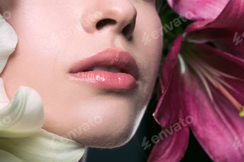 Preview: partial portrait of beautiful young woman with pink lips and lilium flowers on grey