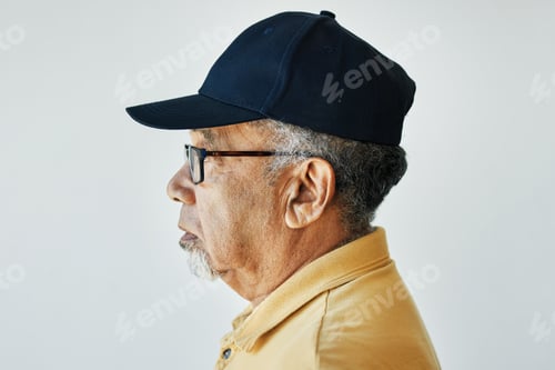 Preview: Face, old man and thinking in studio with profile for vision, retirement and ideas on white backgro