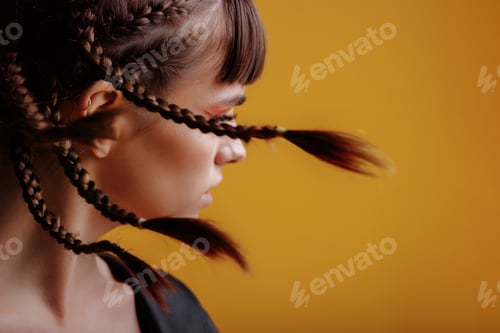 Preview: Beautiful female model in a red dress yellow background