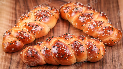Preview: Closeup of fresh buns with seeds on the wooden surface.