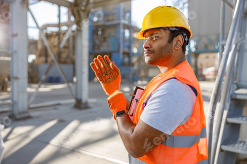 Preview: Young worker dressed in safety equipment inside factory