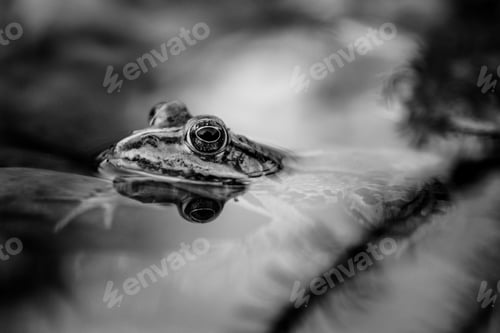 Preview: Grayscale closeup shot of a toad peeking out from a lake surface