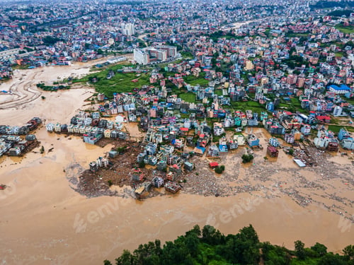 Preview: Drone view of the Nakhu River flooded in Lalitpur, Nepal.