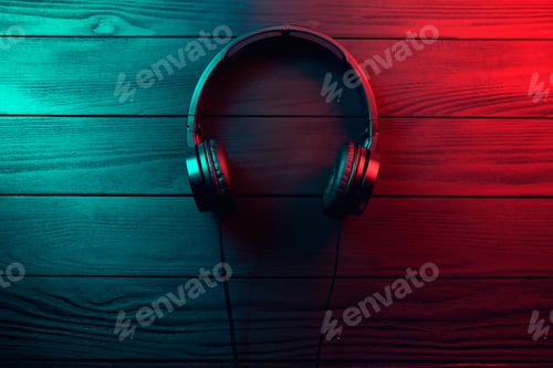 Preview: Black headphones on dark wooden background. Vintage style.