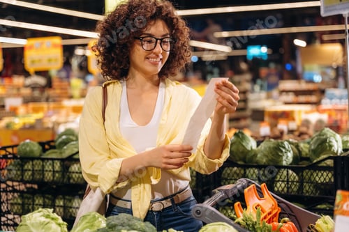 Preview: Reading the check. Gorgeous woman is in the grocery store