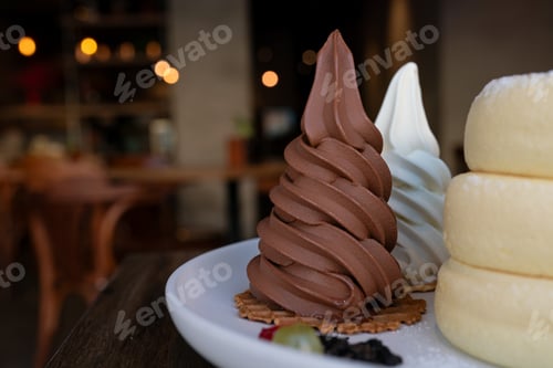 Preview: Close-up fluffy souffle pancakes with chocolate and vanilla ice cream dessert served with honey