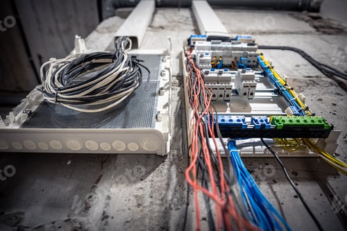 Preview: Switchboard with many switches and fiber optic cables.