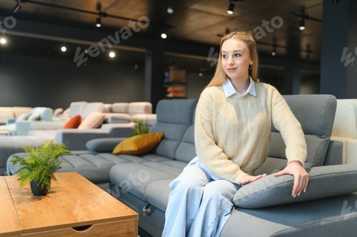 Preview: Portrait of young cheerful woman testing sofa in furniture store