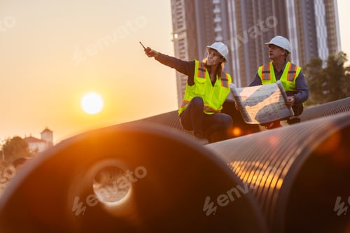 Preview: two construction workers, one kneeling and the other standing