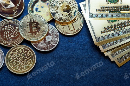 Preview: Various cryptocurrencies and 100 dollar bills