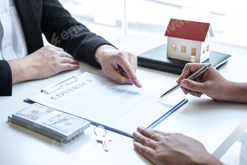 Preview: Estate agent broker pointing contract form to client signing agreement contract real estate with