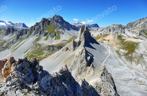 Preview: View of mountains and Tignes Ski Cable car from Aiguille Percee, France