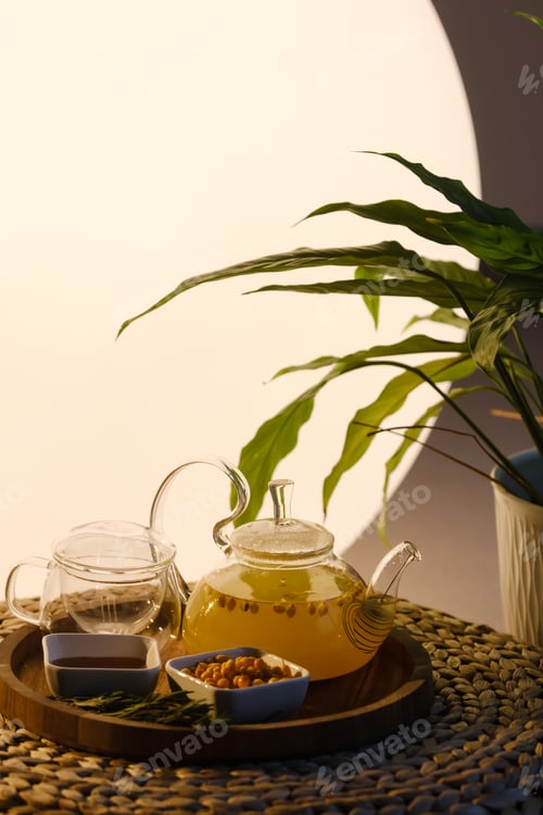 Preview: A teapot with sea buckthorn tea, honey and a plate with sea buckthorn on a tray