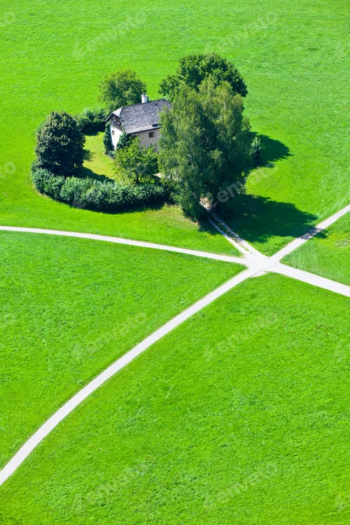 Preview: Intersection of five walking paths in green field