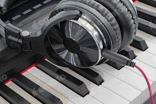 Preview: Full-sized headphones on a piano keyboard
