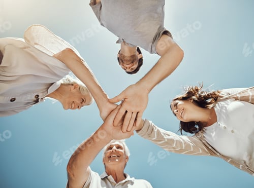 Preview: Low angle, support or hands pile of happy family bonding in blue sky park, house garden or home nat