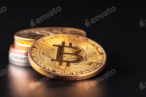 Preview: Golden Bitcoins On Black Background. Trading Concept Of Crypto Currency