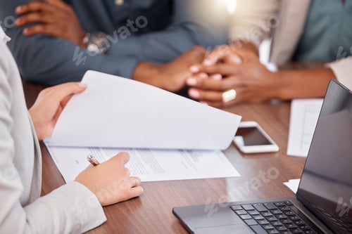 Preview: Black couple holding hands, financial advisor and investment planning with bank documents and contr