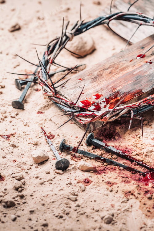 Preview: Bloody nails, crown of thorns with drops of blood over grunged background. Good Friday, Passion of