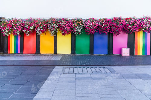 Preview: Vibrant Street Wall with Colorful Panels LGBT Representation and Floral Delights
