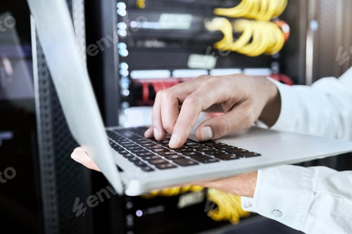 Preview: Hand, laptop or programmer working on software coding, programming or 404 error glitch for cybersec