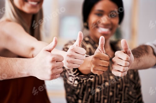 Preview: Thumbs up, group hands and business people with support, like and teamwork for project, company and