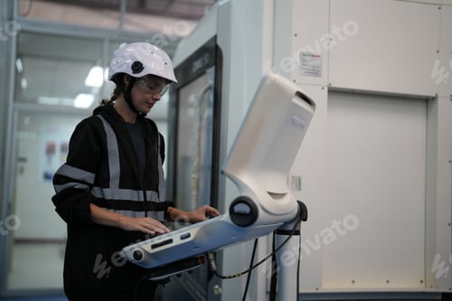 Preview: Female technician programs a robot arm with a digital tablet and assembly robot in a factory