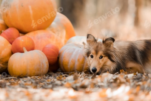 Preview: Dog with pumpkins