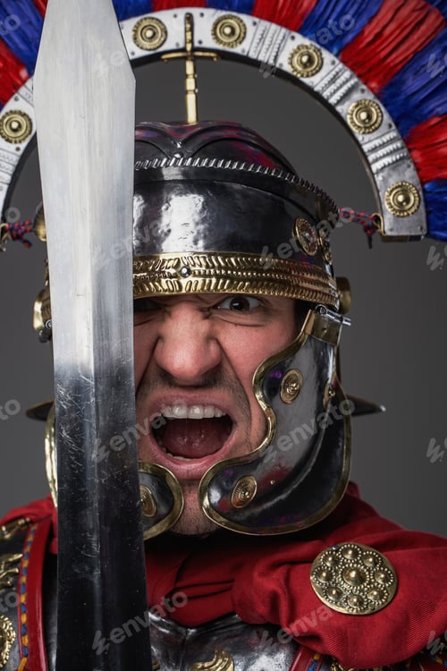 Preview: Screaming legionary with short sword against gray background