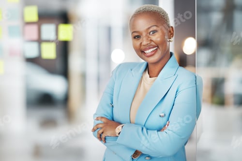 Preview: Black woman, portrait smile and arms crossed in small business management leaning on glass in moder