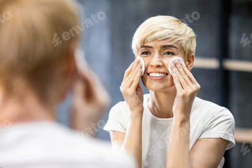Preview: Lady Using Cotton Pads Applying Makeup Remover Standing In Bathroom