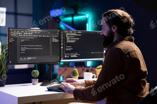 Preview: Happy developer in apartment writing lines of binary code on computer