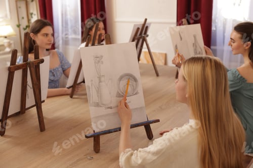 Preview: Group of women learning to draw at wooden table in class