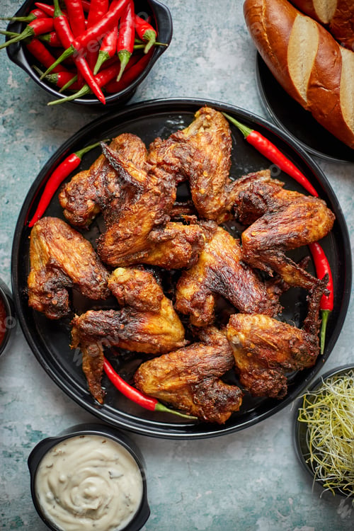 Preview: Grilled chicken wings with chilli pepper on a rustic plate served with various dips and bread
