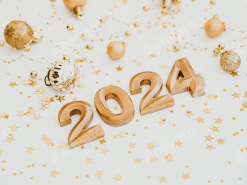 Visualização: Cartão de felicitações - feliz ano novo com números 2024 e glitter dourado sobre fundo claro