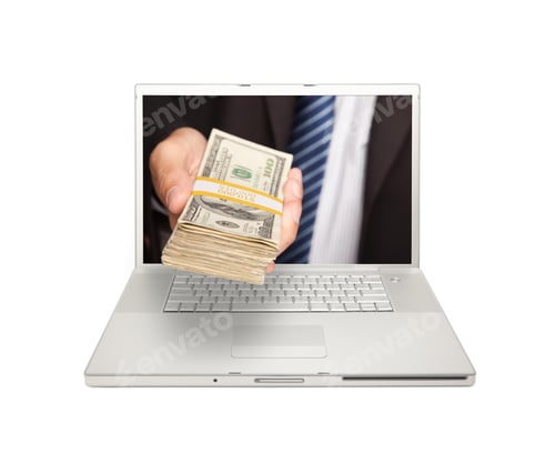 Preview: Businessman Handing Stack of Money Through Laptop Screen