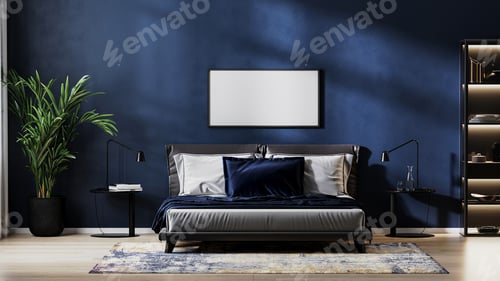 Preview: horizontal frame mock up in modern bedroom interior background with empty dark blue wall
