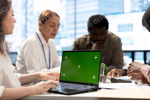 Preview: Diverse enterprise staff using laptop with copy space display during a briefing