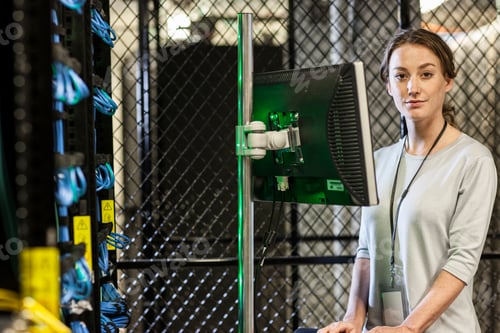 Preview: Caucasian woman technician working on computer servers in a server farm.